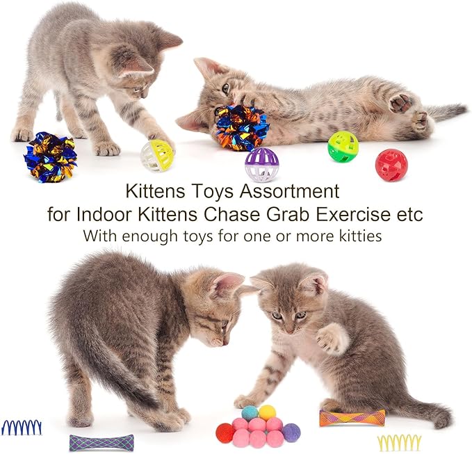 Retro Shaw Cat Toys Kitten Toys, Interactive Cat Tunnels Toy for Indoor Cats Kitty, Kitten Tube Tent Feather Wand Teaser Bell Fuzzy Ball Springs Mouse (33 Pcs Large Cat Tunnel Toys Set)