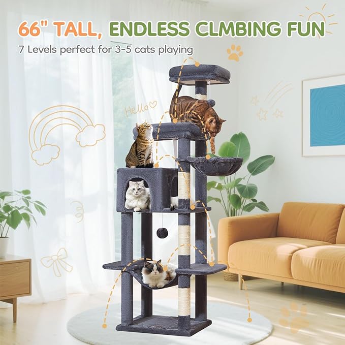 Taoqimiao MS042G Cat Tree,66-inch Large Cat Tower with Scratching Posts, Luxurious Large Platform for Big Cats with Soft Hammock, Adjustable Basket, Deluxe Cat Cando, Top Perch Smoke Gray