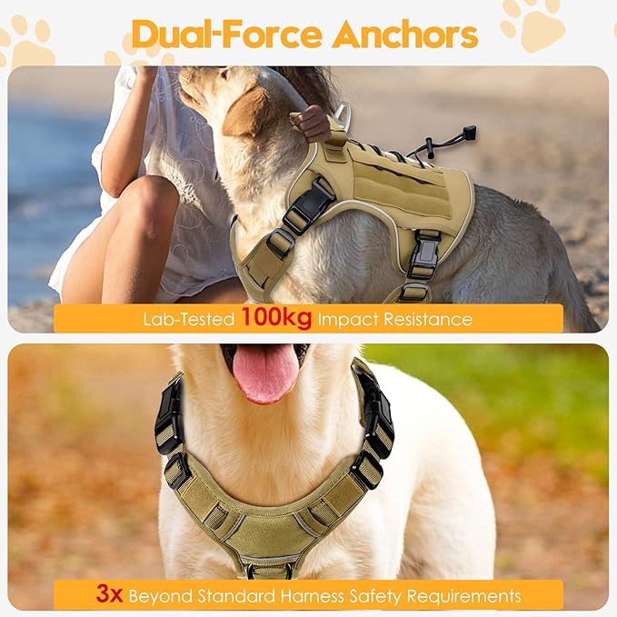 Heavy-Duty Tactical Dog Harness for Large Dogs, No Pull Adjustable Reflective Pet Vest with Molle System, K9 Military-Grade Control for Service Training, Outdoor & 10+ Breeds, Khaki, X-Large