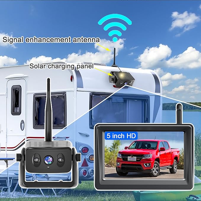 Wireless Backup Camera for Trucks & RVs, Solar - Powered - Magnetic, Portable, No - Drill, No - Wire Easy Install, Night Vision, Rechargeable with 5" HD Monitor systems for Car, Camper, Trailer