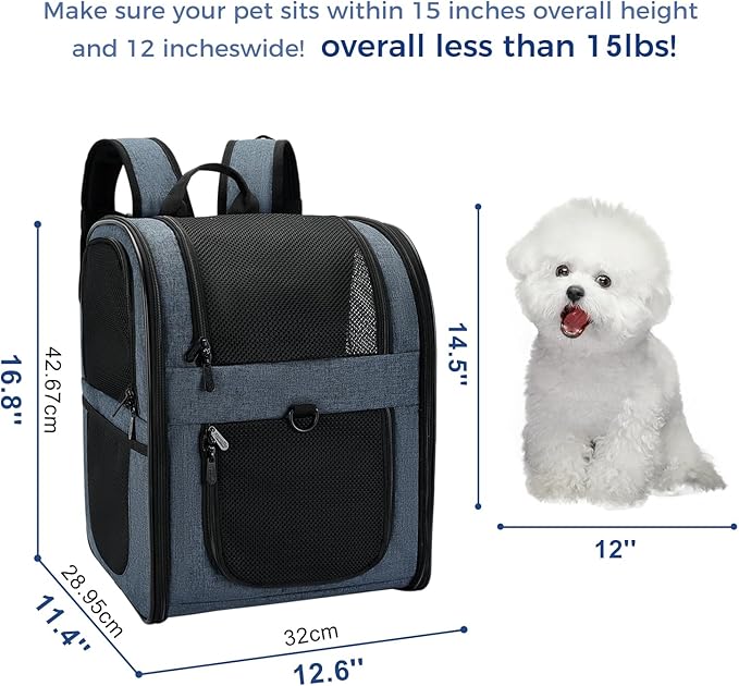 Apollo Walker Dog & Cat Carrier Backpack for 4-15lb Pets - Ventilated Safe Design with Padded Back Support, Breathable Mesh Pet Backpack for Hiking, Travel, Outdoor (Navy)
