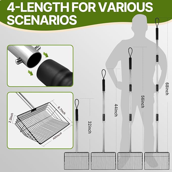 Chicken Poop Scooper with Long Handle- Coop Scoop with 24-68" Adjustable Stainless Handle, 4-in-1 Sifter Shovel for Poultry Waste Cleaning Accessories (Black)