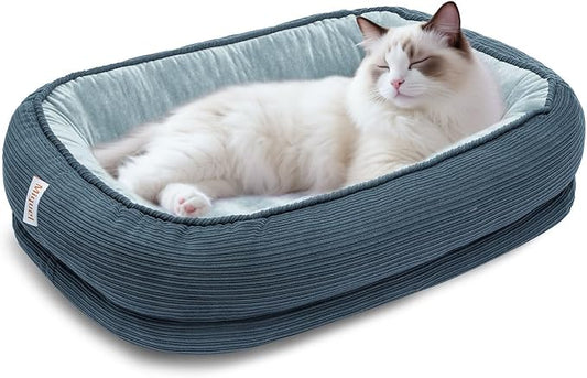 Orthopedic Cat Beds for Indoor Cats, Egg-Crate Memory Foam Pet Sofa with Bolster Sides, Oval Crate Bed, Washable Removable Cover & Non-Slip Bottom, Haze Blue