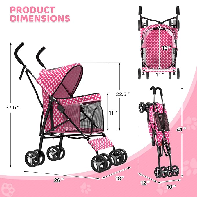 Magshion Compact Pet Stroller for Small-Medium Dogs/Cats up to 22lbs, 4-Wheel Lightweight Umbrella Shaped Portable Puppy Travel Jogger with Breathable Mesh & Rear Storage, Pink Polka Dots