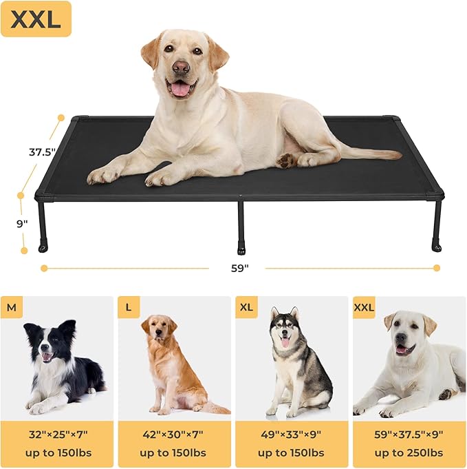 Veehoo Chewproof Elevated Dog Bed - Cooling Raised Pet Cot, Breathable Mesh, Washable & Non-Slip for Large Dogs, Indoor/Outdoor, Black Mat and Black Frame, 59x37inches (Model CWC2203A03)