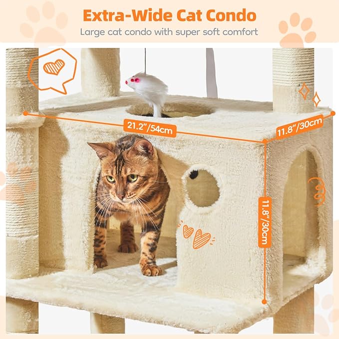 Taoqimiao Large Cat Tree，73-Inch Cat Tree Tower with 9 Scratching Posts for Indoor Cats, 2 Large Cat Condo with Hammock, Hanging Basket, 2 Extended Platform, Beige MS013XLM