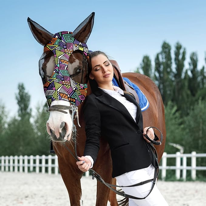 Qualirey12 Pieces Horse Fly Mask Bulk Comfortable Elasticity Mask for Horses with Ears Net UV Protection Breathable Horse Supplies Face Covering for Horse Pony and Foal (Geometric Patterns, Medium)