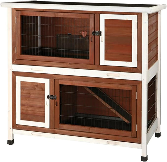 TRIXIE natura Outdoor Double Rabbit Hutch - Indoor Small Animal House, Bunny Cage with Two Sleeping & Play Areas - Includes a Non-Slip Ramp Hinged Roof & Two Pull-Out Trays - in Auburn
