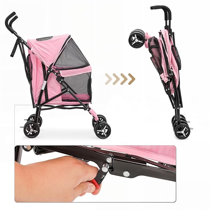 MoNiBloom 4 Wheels Pet Stroller, Easy-Fold Puppy Cage Jogger Stroller with Sun Cover, Pad and Rear Storage Bag, Breathable and Visible Mesh for Small/Medium Pets up to 22 lbs, Pink