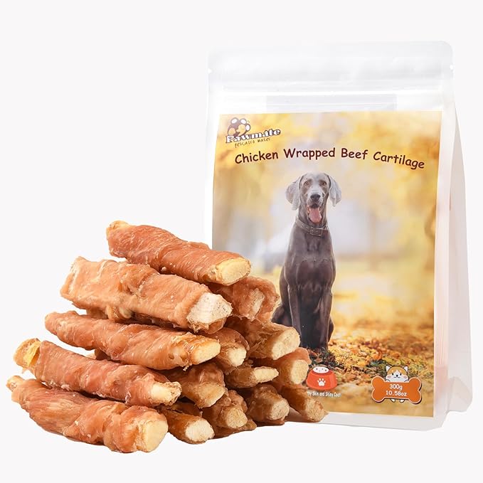 Dog Treats Chicken Wrapped Beef Cartilage w/Calcium Supplement, Long-Lasting Rawhide Free Grain Free Training Treats Snacks for Small Medium Large Dogs, 12 Counts, 10.6oz
