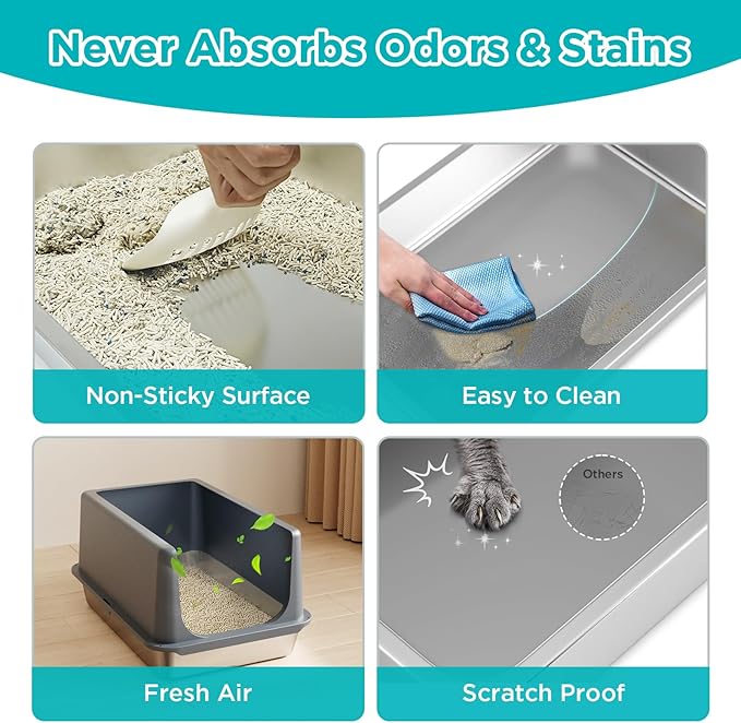 LIHONG Stainless Steel Litter Box with Lid, XL Metal Cat Litter Tray for Indoor Cats, Enclosure Cat Litter Pan for Large Cats, Non-Sticky Large Kitty Litter Box, Anti-Leakage, 23.5" X 15.6" X 12"