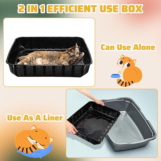 Zubebe 50 Pack Disposable Cat Litter Box for Cats, Large Disposable Kitty Litter Tray Boxes 19.69 x 15.75 x 3.94 Inches Plastic Pets Pan Standard for Indoor Home Travel Portable(Black)