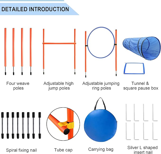 Dog Agility Training Equipment, Obstacle Agility Training Starter Kit for Doggie, Including Tunnel, 13 Weave Poles, Adjustable Hurdle, Jump Ring, Pause Box and Carrying Bag(Blue)