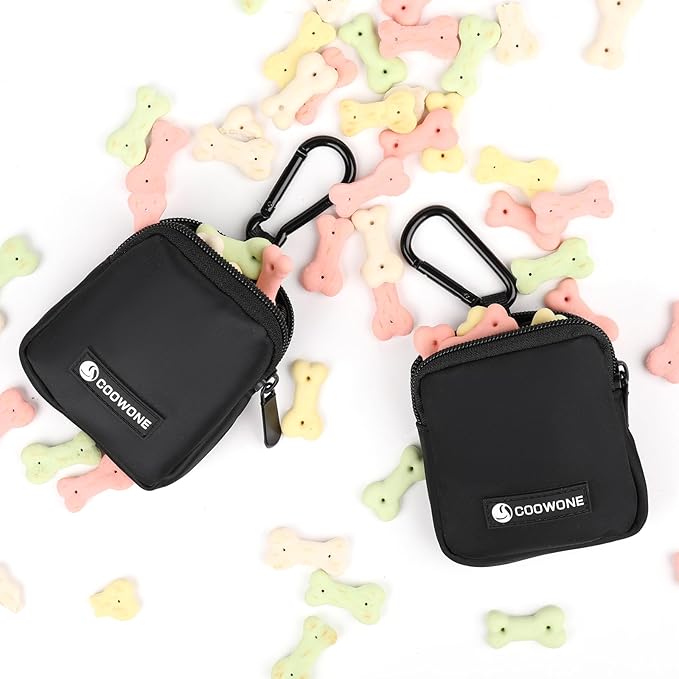 Dog Treat Pouch 2 PCS, Waterproof Small Dog Treat Bag for Leash, Hands Free Dog Walking Bag with Carabiner, Dog Poop Bag Holder for Pet Puppy Travel or Outdoor Use, Zipper Closure to Avoid Spilling