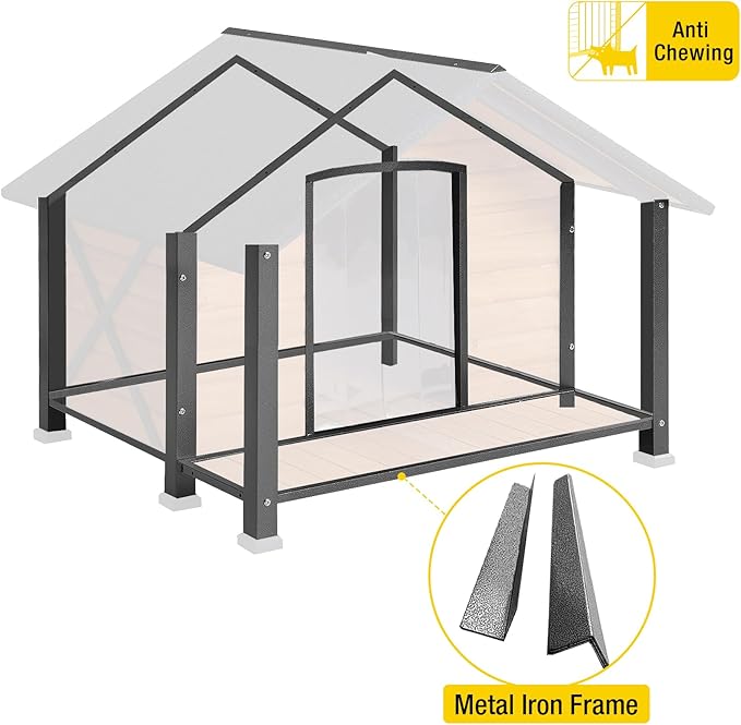 Aivituvin Dog House with Insulated Liner Outdoor All-Around Iron Frame Dog Kennel Outside with Overhang Roof Large Porch Weatherproof