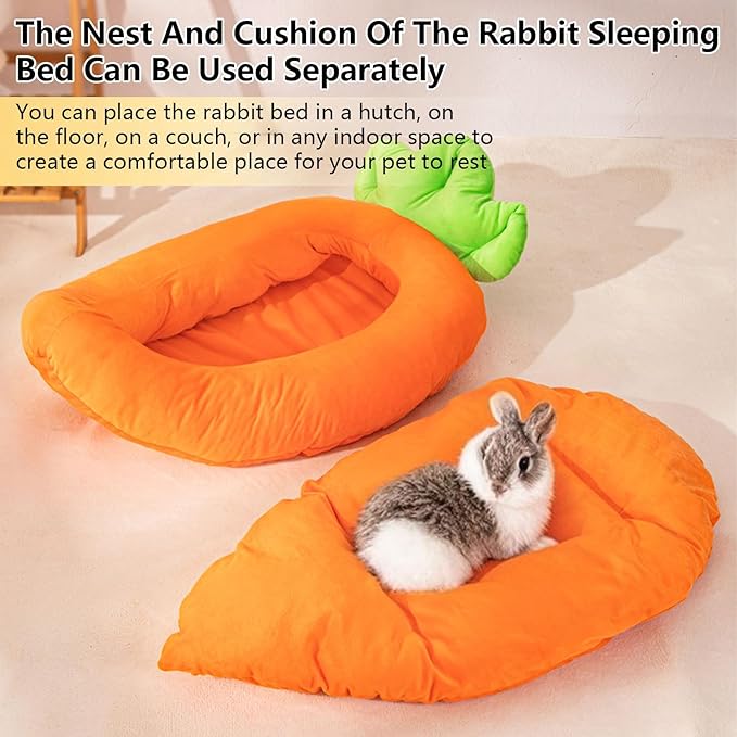 Rabbit Bed,Thick&Soft Bunny Bed with Removable Cushion,Machine Washable with Rattan Mat & Heart Decor,Cozy Warm Small Animal Sleeping Beds (Carrot Shape-L)