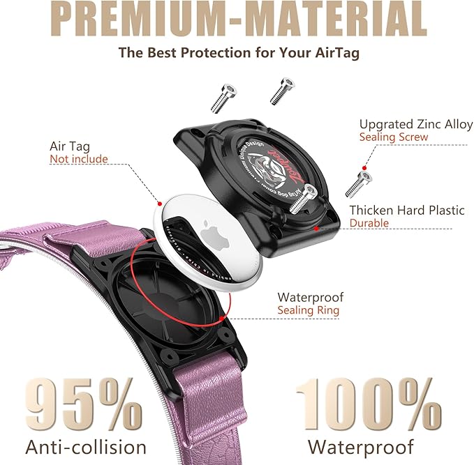 AirTag Dog Collar - Leather Dog Collar with Airtag Holder | IP68 Waterproof AirTag Holder with Metal Buckle, Comfortable GPS Dog Collars Tracker for Medium Large Dogs (Rose Gold, M)