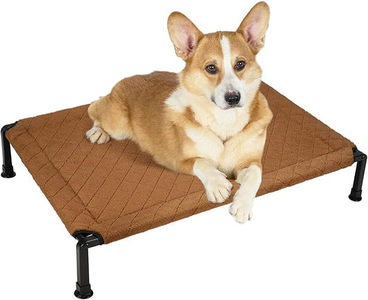 Veehoo Soft Plush Elevated Dog Bed, Raised Dog Beds with Heavy Duty Frame, Non-Slip Silicon Feet, Washable & Breathable Pet Cot for Indoor or Outdoor Use, 35" x 22", Brown, CWC2432A