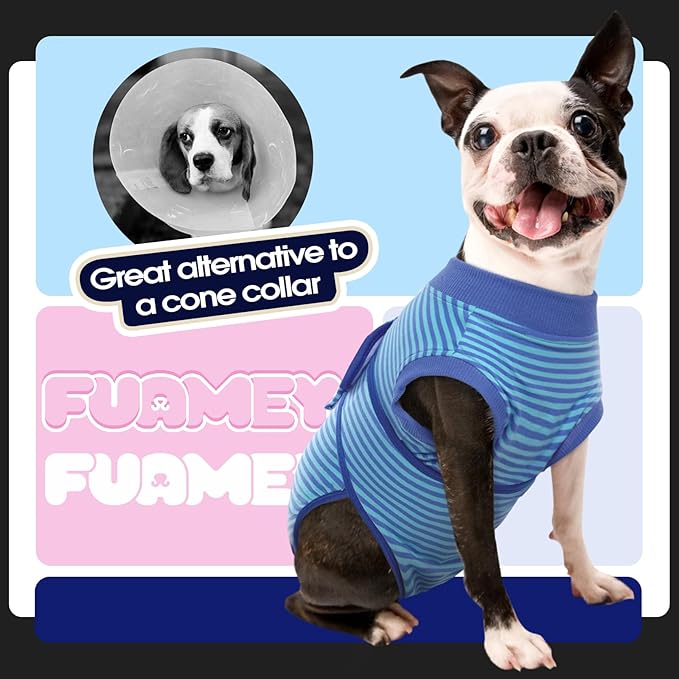 FUAMEY Recovery Suit for Dogs After Surgery,Soft Breathable Dog Bodysuit E-Collar & Cone Alternative Surgical Suit,Male Female Dog Neuter Spay Suits Anti Licking Wounds Onesie Navy Blue Strips S