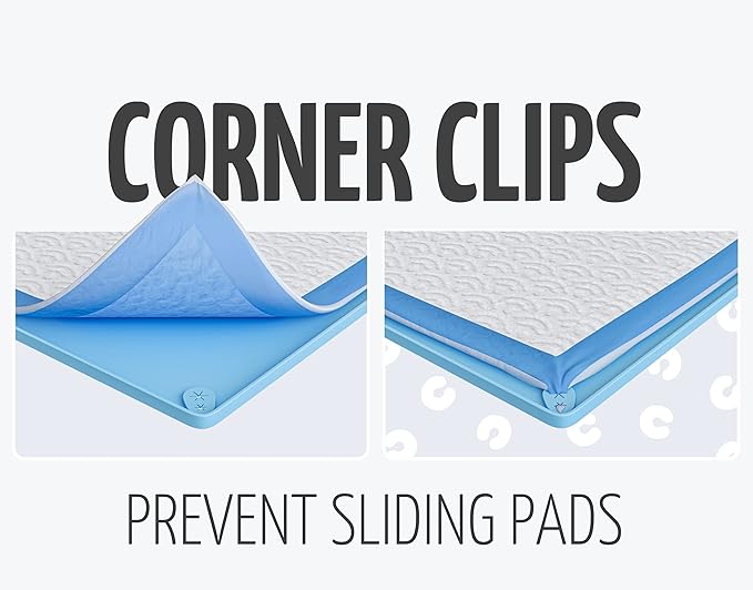 Skywin TidyFriend Dog Pee Pad Holder Tray Fits for 30” x 23” Pee Pads with Corner Lock Holes, Raised Edges, Non-Spill, Easy to Clean Silicone Dog Potty Tray Holder, for Indoor Floor Protection (Blue)