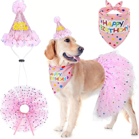SCENEREAL Dog Birthday Bandana with Hat and Dress Girl Set, Large Dog Birthday Party Supplies, Cute Pink Tutu Skirt Outfit for Medium Large Dogs
