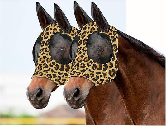 Horse Fly Mask with Ears - Comfort Fit, Durable & Breathable, Easy to on/Off | UV Protection, Large Eye Space, Stretchy Leopard Print (2pcs Medium, Tangle-Free)