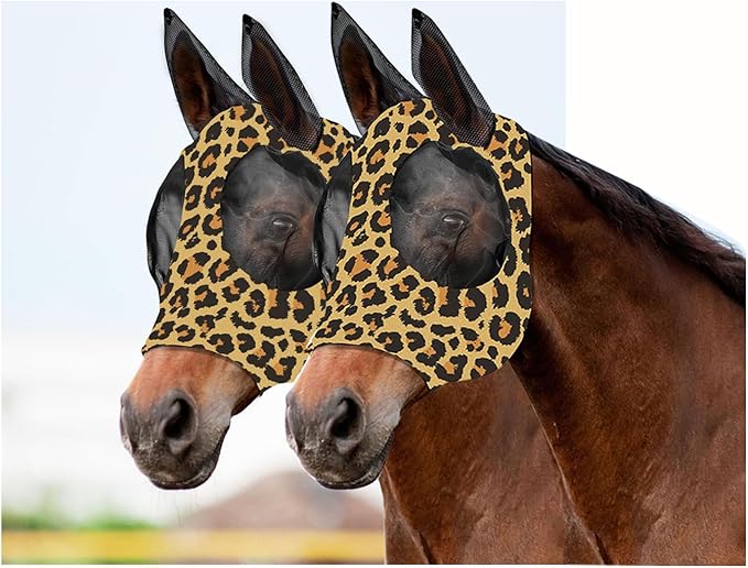 Horse Fly Mask with Ears - Comfort Fit, Durable & Breathable, Easy to on/Off | UV Protection, Large Eye Space, Stretchy Leopard Print (2pcs Large, Tangle-Free)