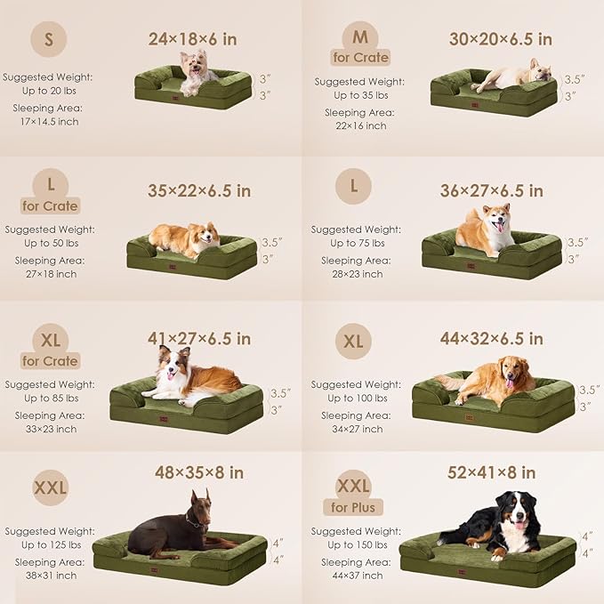 EHEYCIGA Orthopedic XXL Dog Bed for Extra Large Dogs, Waterproof Memory Foam Couch Bed with Sides, Non-Slip Bottom, Washable Removable Cover,Olive Green