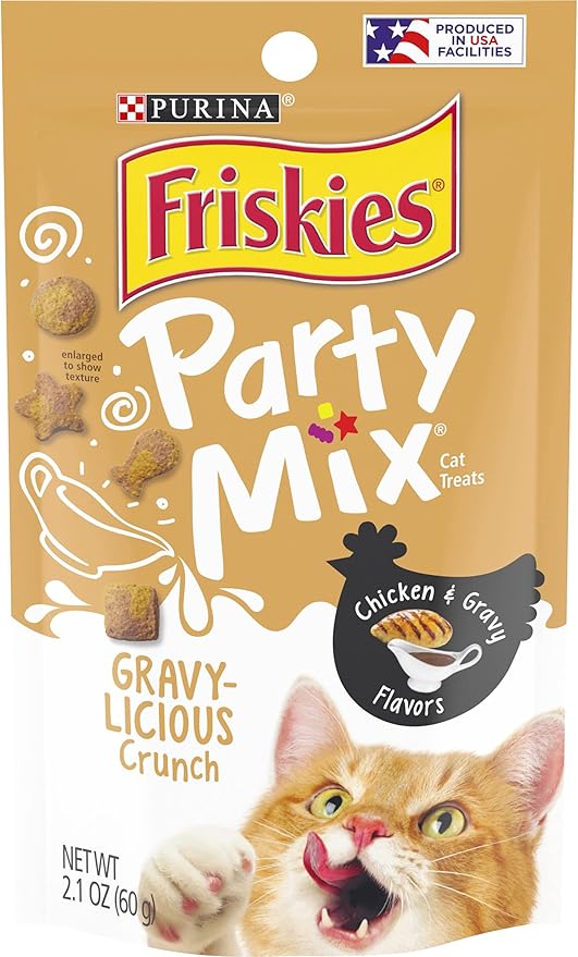 Purina Friskies Party Mix Cat Treats, Gravy-Licious Crunch with Chicken & Gravy Flavors, Crunchy Treats for Cats, 2.1 Ounce Resealable Pouch (Pack of 3)