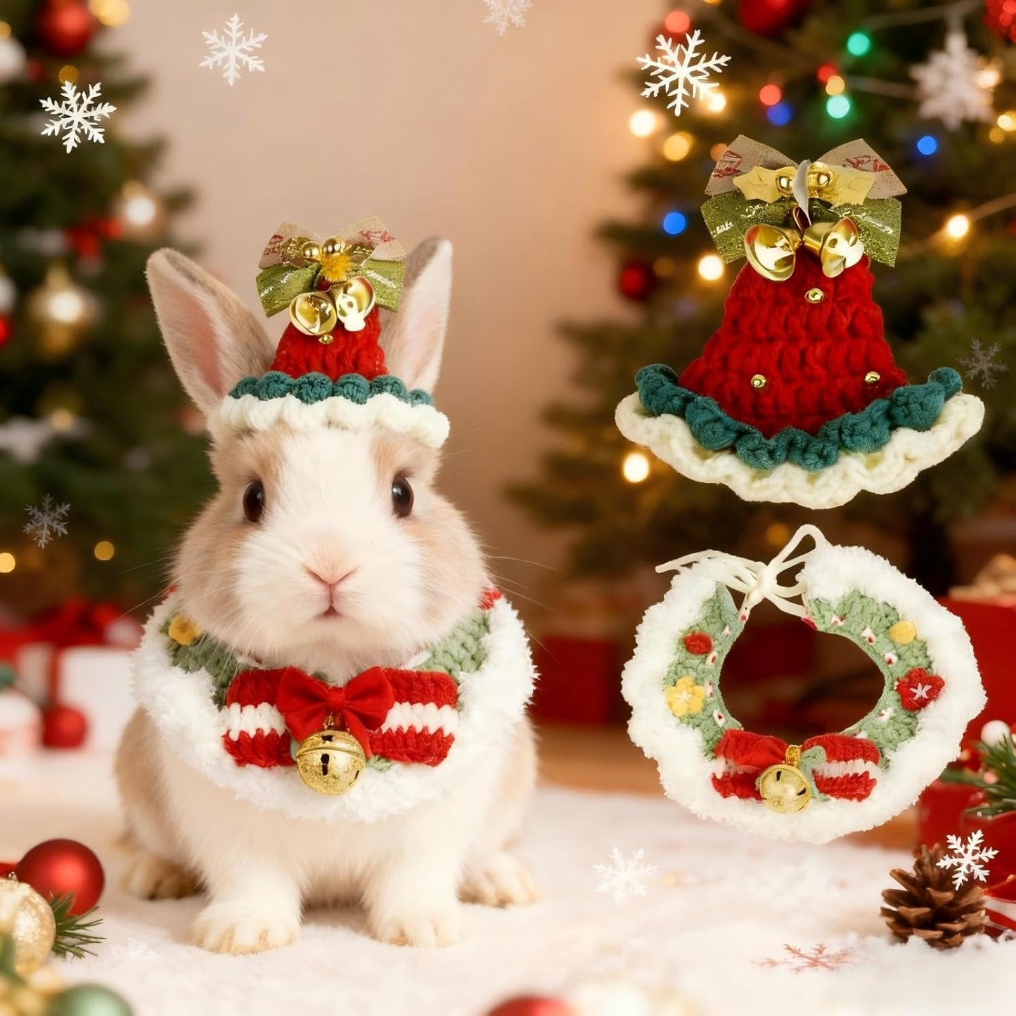 Christmas Dog Costume, Handmade Cat Holiday Outfit with Christmas Tree Hat & Wreath Scarf Set, Adjustable,Lightweight & Breathable,Pet Accessories for Rabbits Xmas Party & Photos (Small to Large size Pets)