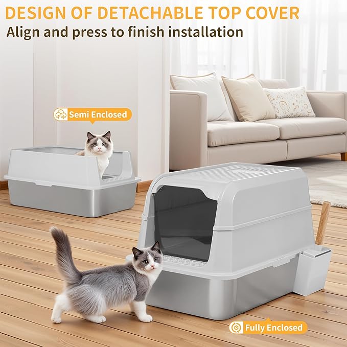 Stainless Steel Litter Box with Lid, XL Extra Large Cat Litter Box, Enclosed Metal Litter Pan with High Sided Enclosure & Scoop, Anti Leakage, Easy to Clean, Odor Control (White)