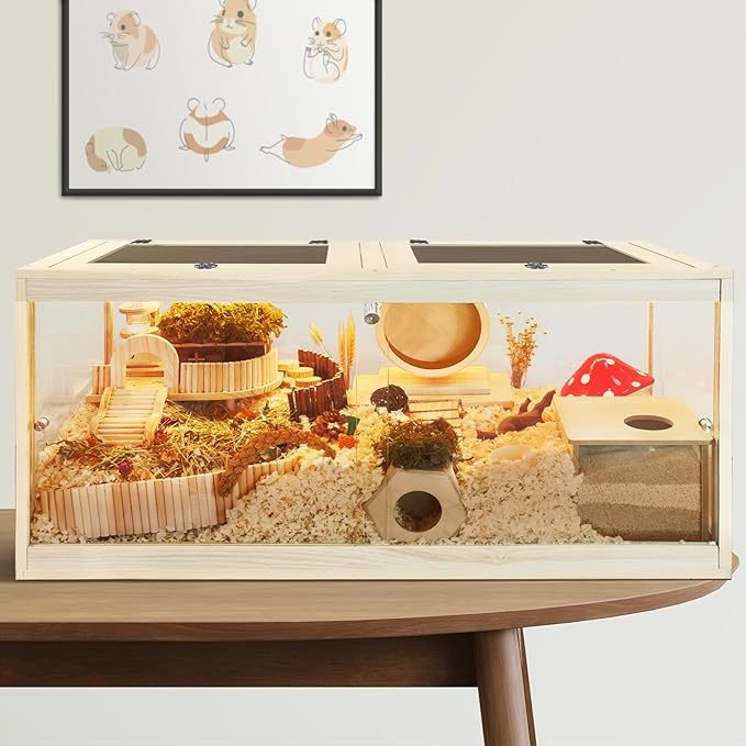 Hamster Cage with Lock Design,Large Hamster Enclosure with Openable Metal Mesh Top,Wooden Chewproof Gerbil Cage for Hedgehog Mouse Gerbil (48"x20"x20")