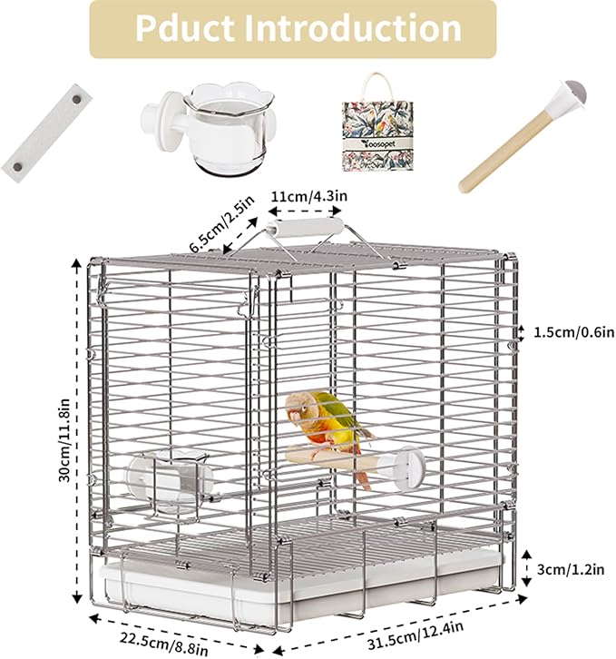 Bird Carrier Travel Cage - 304 Stainless Steel Portable Folding Bird Travel Cage with Parrot Feeder Cups & Standing Perch for Smaller Birds Conures Lovebird Cockatiel Parakeets (White)