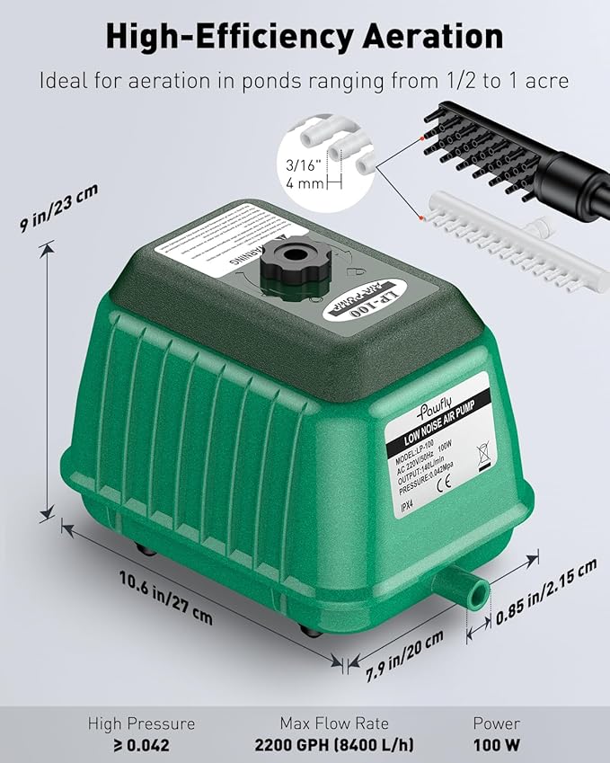 Pawfly Pond Air Pump Outdoor Oxygen Pump for Fish Koi Ponds 3000 to 10000 Gallons Adjustable Pond Garden Aerator Pump Kit with Airline Tubing Control Lever Valves Air Stones and Check Valves