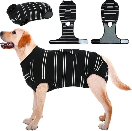 Kuoser Dog Surgery Recovery Suit for Female Male Dogs, Stripes Spay Neuter Anti-Licking Dog Onesie, Surgical Suit Snugly Pet Post Surgery Vest Bodysuit for Abdominal Wounds Skin Disease, Black 2XL
