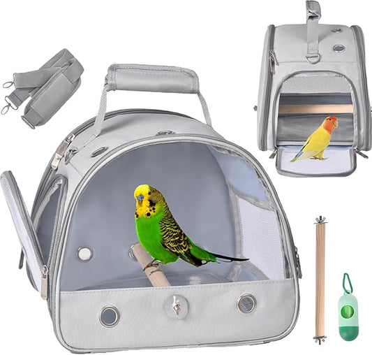 Bird Carrier Travel Cage with Stand, Small Bird Travel Carrier for Parrot with Perch, Side Access Window (Grey)