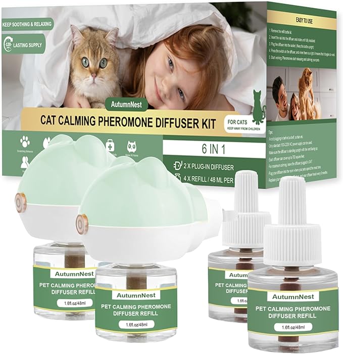 Cat Calming Diffuser Kit with 2 Plug-in & 4 Refills, Pheromone Diffuser for Cats Reducing Fighting, Scratching, Urine, Aggression, Anxiety, Fireworks, Vet Visits, Travel, 120 Day Supply, Safe Formula
