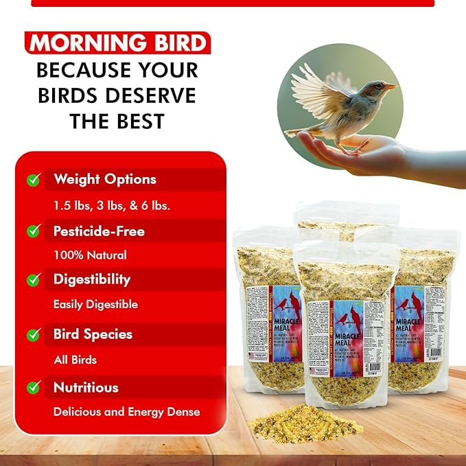 Morning Bird Miracle Meal 6 lbs. (4 Pack 1.5 Each) – Soft Food for Birds with Vitamins & Supplements – Packed with Protein, Minerals & Amino Energy – Promotes Strong Feathers & Overall Wellness