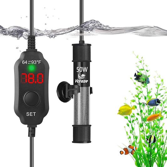 Super Compact 50W Fish Tank Heater, Submersible Aquarium Heater with LED Digital Display Thermostat, Adjustable Fish Heater for 5-10 Gallon Tanks