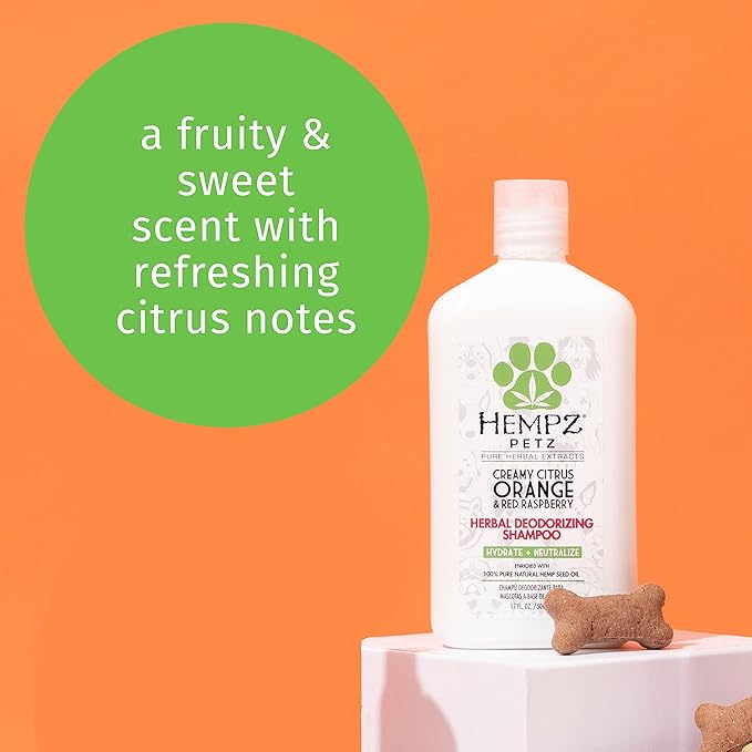 Hempz Petz Dog Shampoo, Creamy Citrus Orange & Red Raspberry Herbal Deodorizing Cleanser, 17 oz.