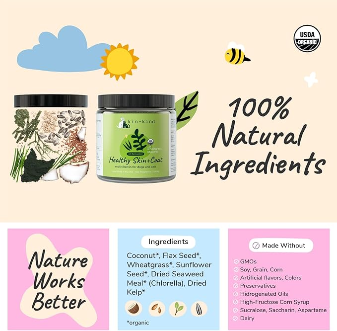 kin+kind Organic Multivitamin for Dogs & Cats - Pet Supplement for Healthy Skin and Coat - Safe, Natural Formula with Wheatgrass, Kelp, Seaweed and Coconut - Made in USA - Bundle (3 x 8 oz)