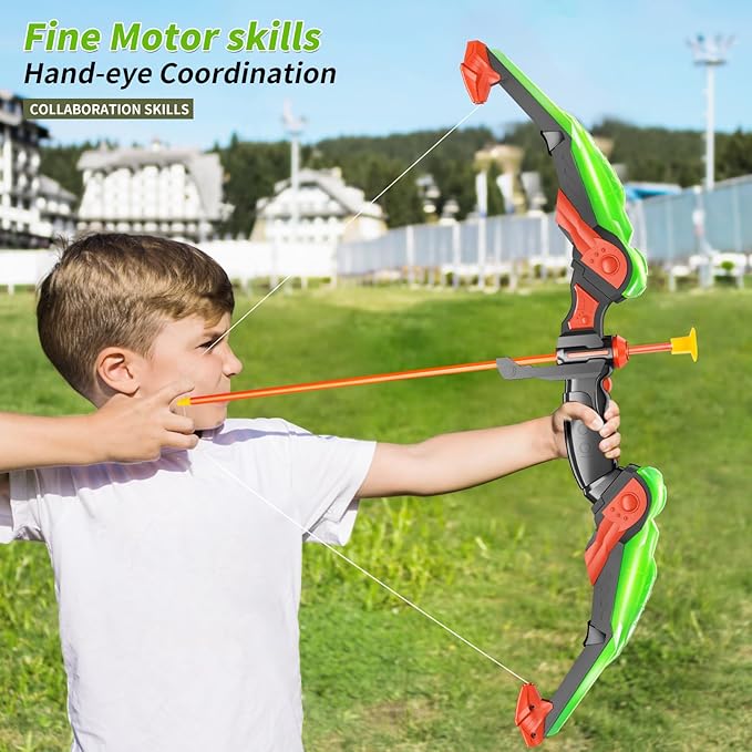 TEMI Bow and Arrow Set for Kids - Archery Toy Set - LED Light Up with Suction Cup Arrows, Target & Quiver, Indoor and Outdoor Toys for Children Boys Girls