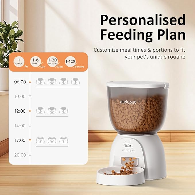 5L/21 Cup Automatic Cat Feeder, Timed Cat Food Dispenser, Automatic Pet Feeders Up to 6 Meals 1-20 Portion, Dual Power Supply Cats Feeder with Stainless Steel, Pet Dry Food Dispenser for Cats & Puppy
