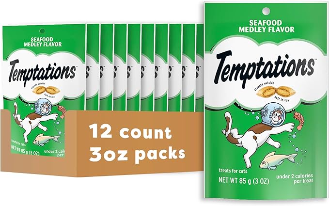 Temptations Classic Crunchy and Soft Cat Treats, Seafood Medley Flavor, 3 oz. Pouch (Pack of 12)