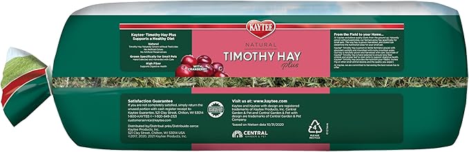 Kaytee All Natural Timothy Hay Plus Cranberries For Guinea Pigs, Rabbits & Other Small Animals, 24 Ounce