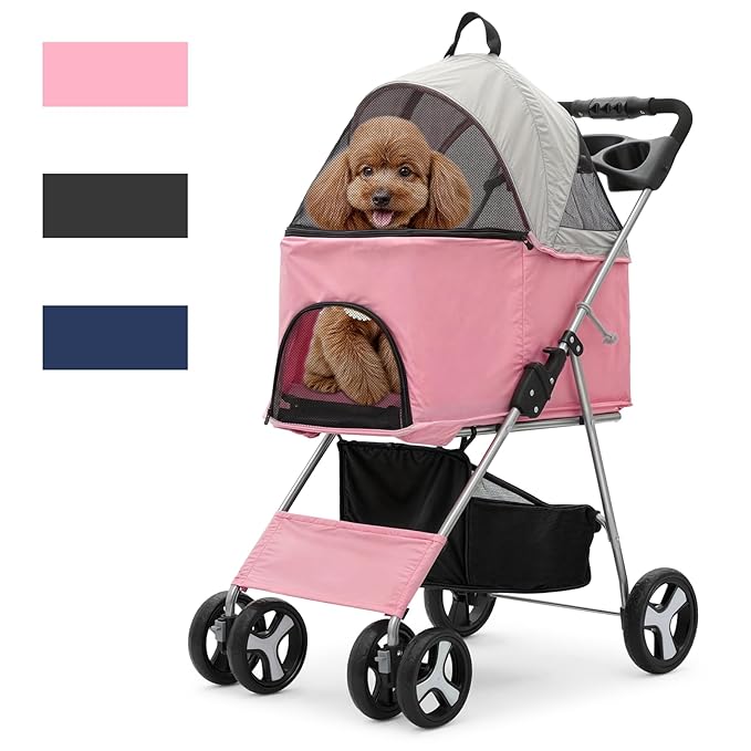 Magshion Foldable Pet Stroller, 3-in-1 Dog Travel Jogger with Detachable Carrier, Cup Holder, Storage Basket, Folding Carrier for Small/Medium Dogs & Cats Up to 33 lbs, Pink
