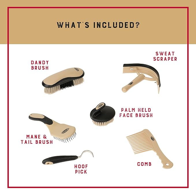 Weaver Equine 6-Piece Horse Grooming Kit, Ergonomic Gentle Horse Care Kit, Equestrian Supplies for Bathing Support, Detangling, and More, Black/Tan
