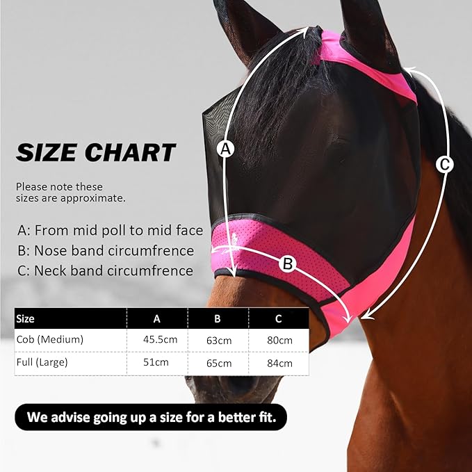 Horse Fly Mask Large Space Breathable UV Protection Equine Mask with Reflective Features on Ears Hot Pink M