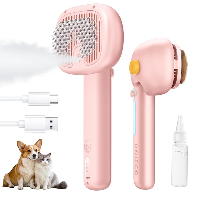 ROJECO 3-in-1 Pet Steam Brush for Cats&Dogs - Detangling Comb with Adjustable Mist, Handheld Deshedding Grooming Tool for Long/Short Hair, Massage Brush & Shedding Control Gift,Cordless,Pink
