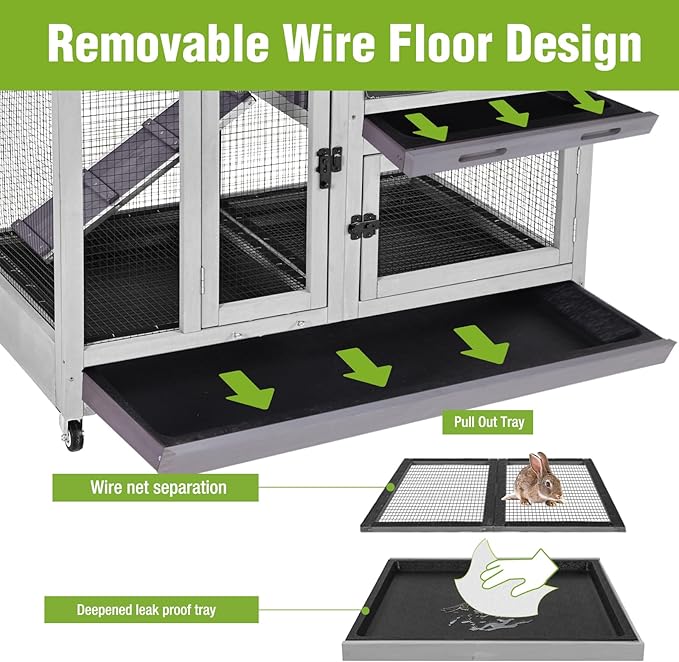 2-Story Rabbit Hutch Indoor Bunny Cage Outdoor Guinea Pig House with Wire Mesh Floor, Leak-Proof Trays, Lockable Wheels for Rabbits, Guinea Pigs, 40.6" L x 26" W x 37.6" H